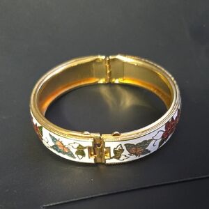 Vintage White Cloisonne Hinged Bangle Bracelet